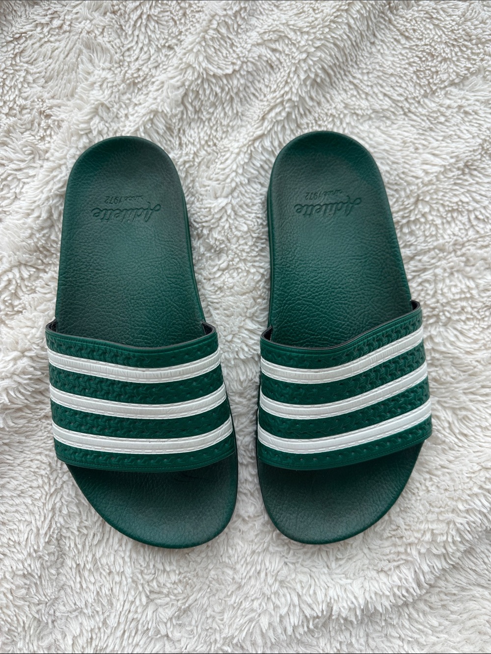 adidas Green Slide Sandals with White Stripes
